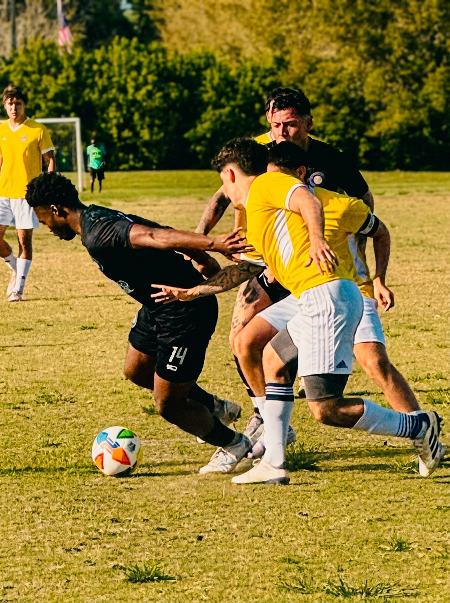 High intensity match action with Andre dribbling past defenders